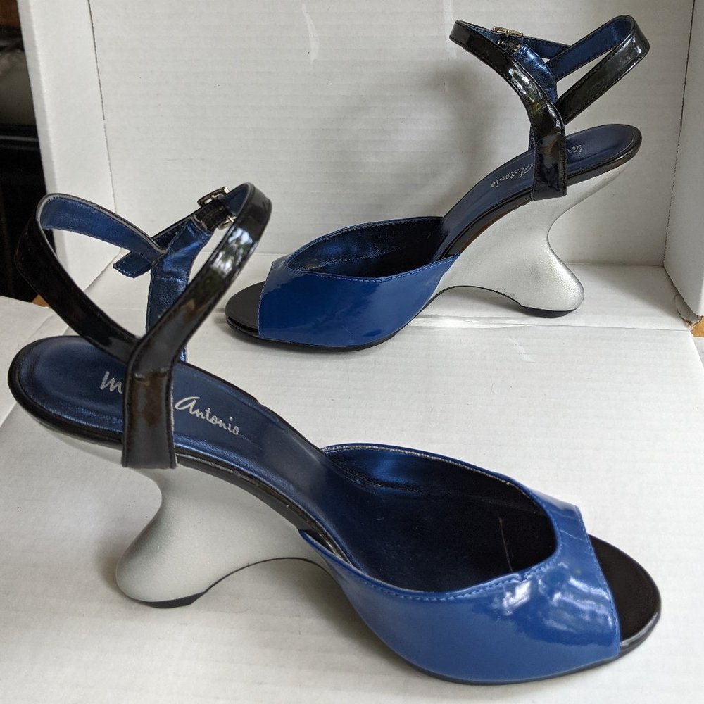 Michael Antonio Blue & Silver Wedge Sandals With Sculpted Heels